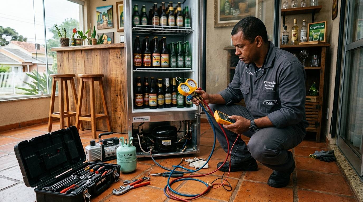 Profissional executando reparo no motor de cervejeira no IAPI, Osasco‑SP