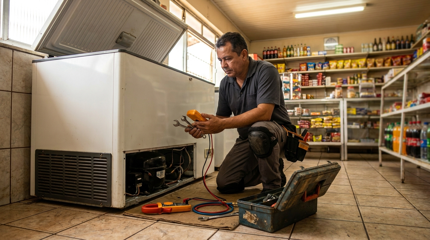 Profissional executando manutenção no motor de freezer em Osasco‑SP