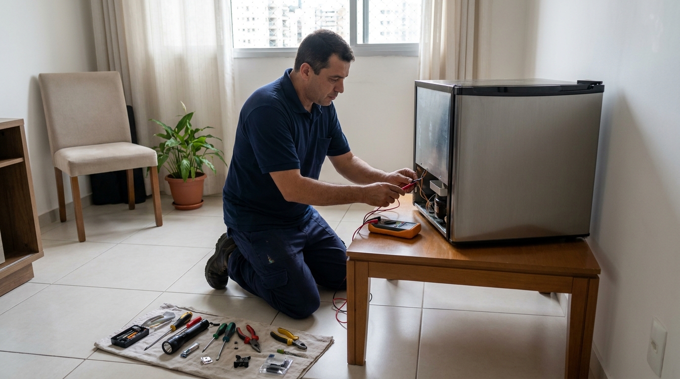 Técnico fazendo manutenção do motor de frigobar em Osasco‑SP