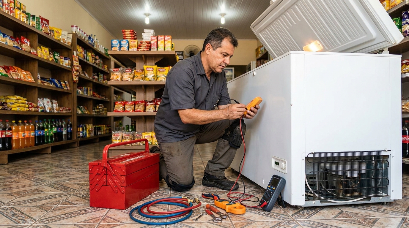 Recarga de gás refrigerante no freezer durante atendimento em Osasco‑SP