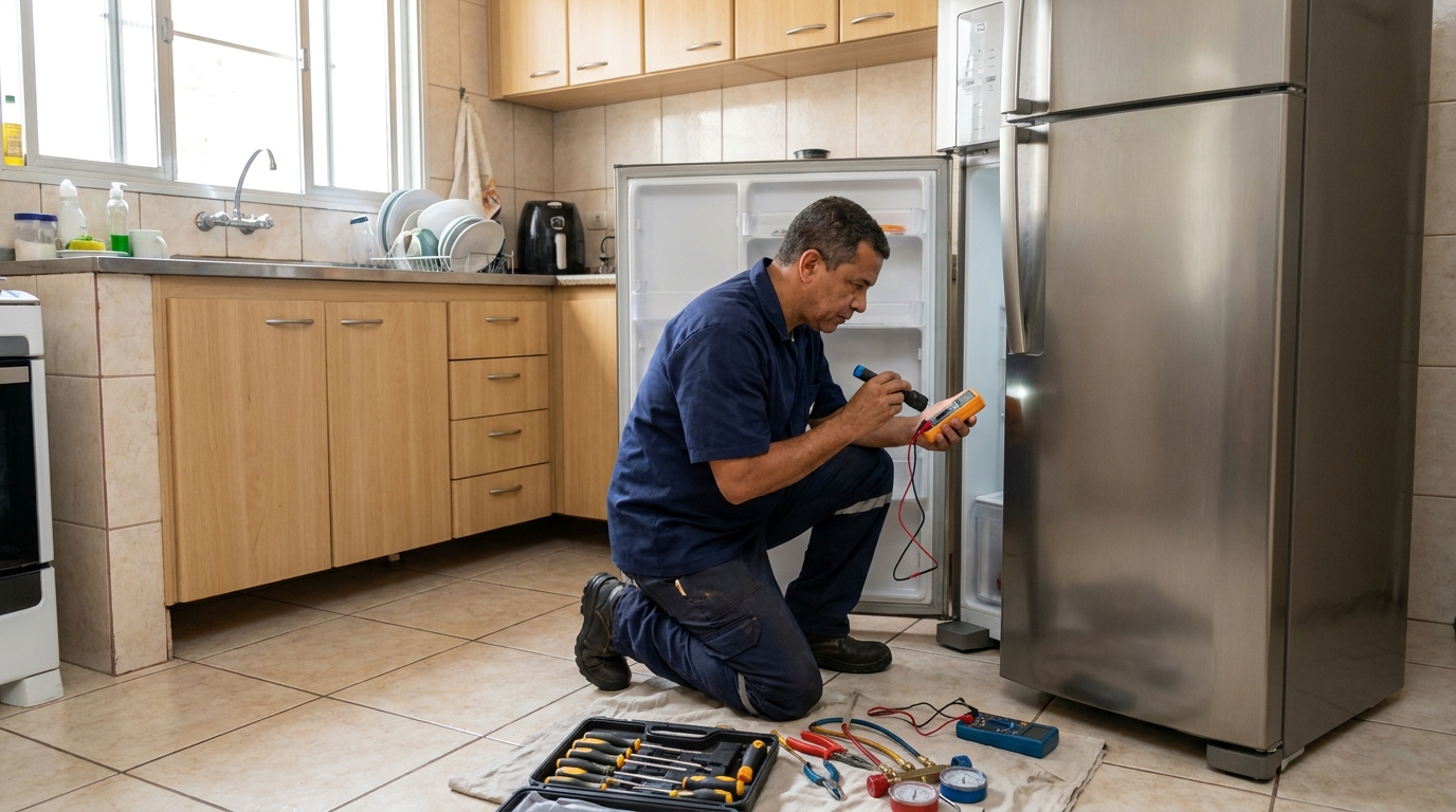 Técnico aplicando recarga de gás refrigerante em geladeira no Cipava, Osasco‑SP