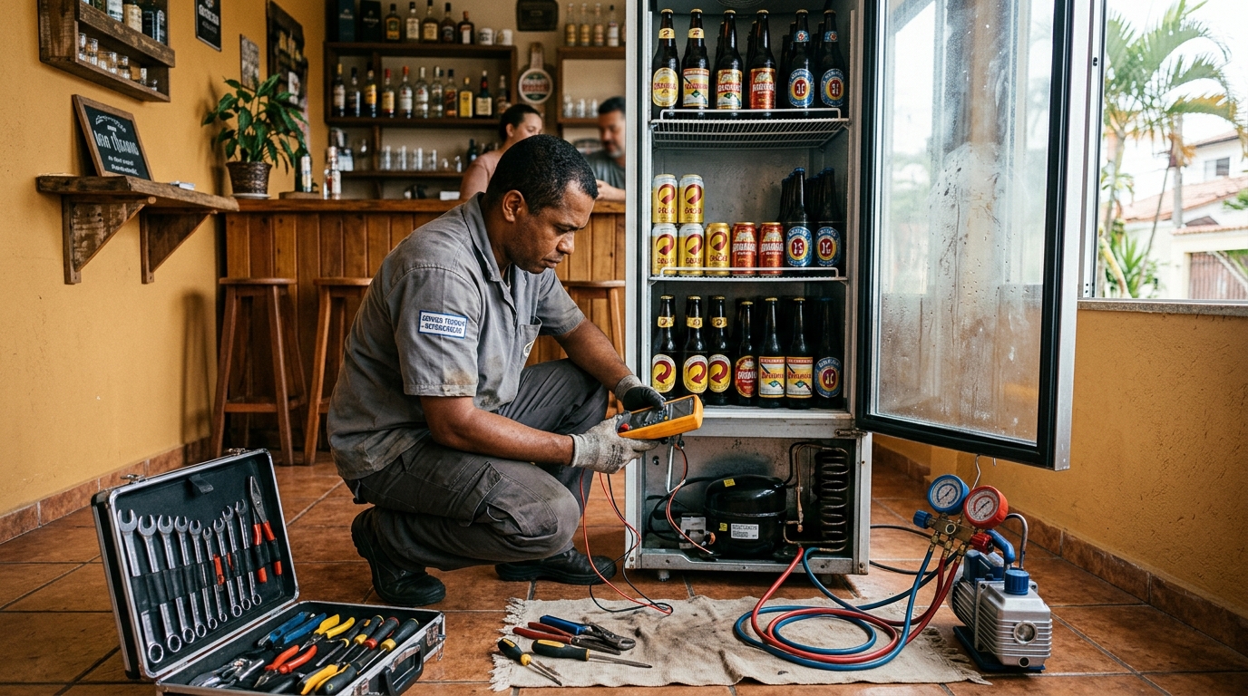 Substituição de termostato de cervejeira em serviço técnico no IAPI, Osasco‑SP